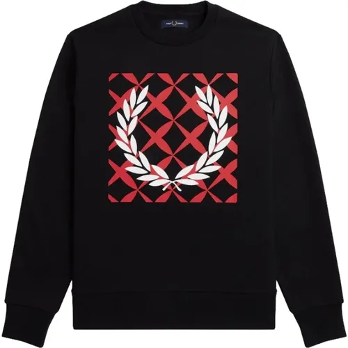 Schwarzer Sweatshirt mit Grafischer Kreuzstichstickerei , Herren, Größe: M - Fred Perry - Modalova