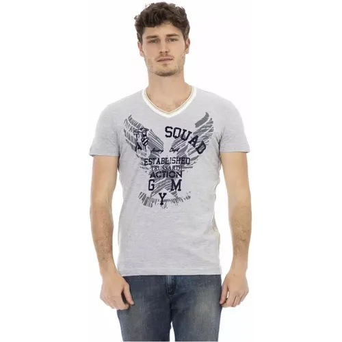 Graues T-Shirt mit V-Ausschnitt und Frontdruck für Männer , Herren, Größe: 2XL - Trussardi - Modalova