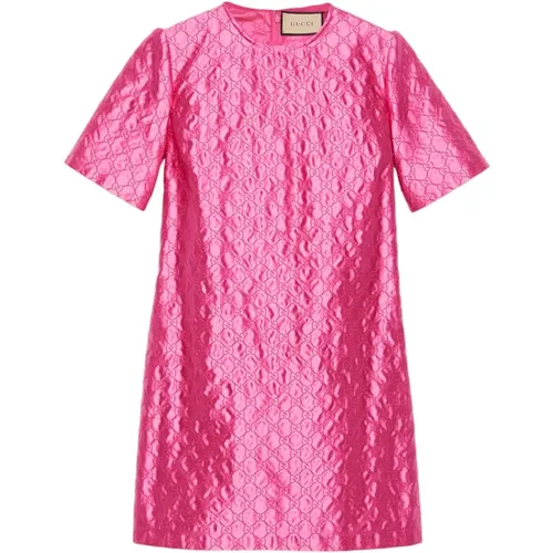 Fuchsia Embroidered Crewneck Silk Dress , female, Sizes: S, XS - Gucci - Modalova