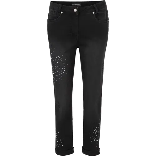 Schwarze Slim-Fit Jeans mit Strass und Vintage-Details - Doris Streich - Modalova