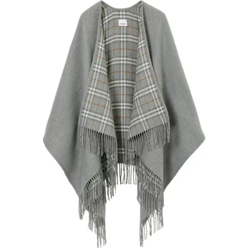 Grey Wool Check Cape Jacket with Fringed Edges , female, Sizes: ONE SIZE - Burberry - Modalova