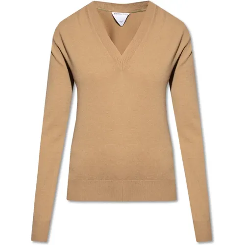 Hellbrauner Woll-V-Ausschnitt-Pullover , Damen, Größe: L - Bottega Veneta - Modalova