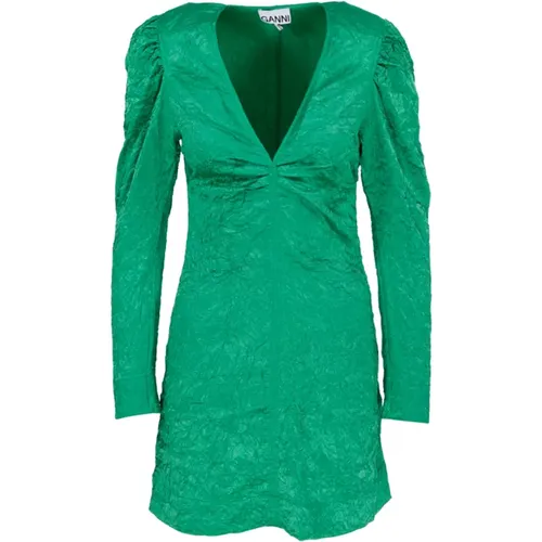 Grünes Gekräuseltes Satin V-Ausschnitt Minikleid , Damen, Größe: M - Ganni - Modalova