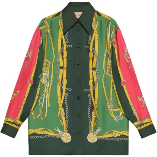 Harness-Print Silk Shirt , female, Sizes: XS - Gucci - Modalova
