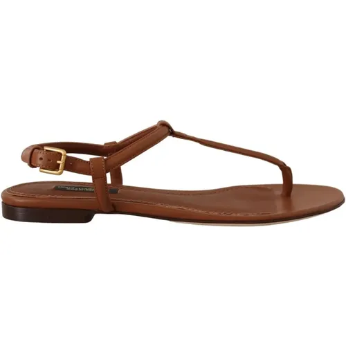 Braune Leder T-Riemen Slides Flache Sandalen , Damen, Größe: 35 1/2 EU - Dolce & Gabbana - Modalova