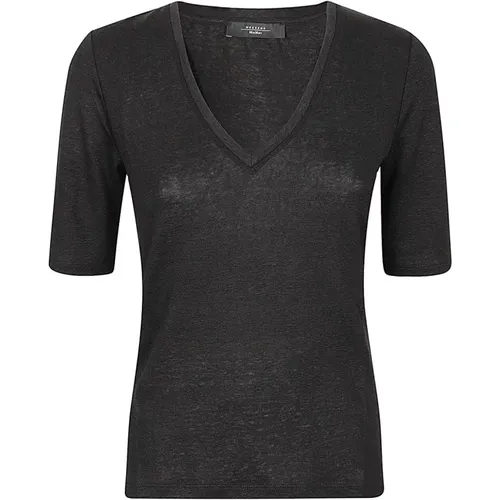 Schwarzes Leinen V-Ausschnitt T-Shirt , Damen, Größe: XS - Max Mara Weekend - Modalova