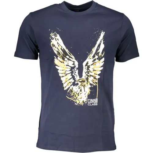 Blau Baumwolle T-Shirt mit Druck Logo , Herren, Größe: M - Cavalli Class - Modalova