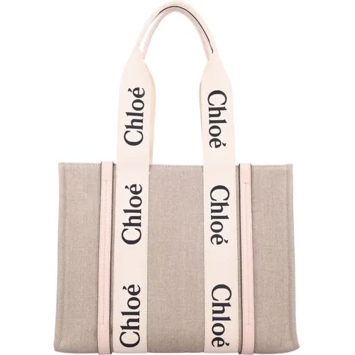 Pink Linen Woody Tote Bag , female, Sizes: ONE SIZE - Chloé - Modalova