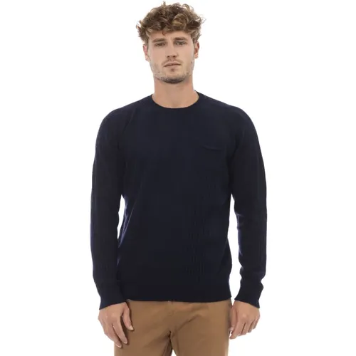 Rundhals Langarm Pullover mit Tasche , Herren, Größe: M - Alpha Studio - Modalova