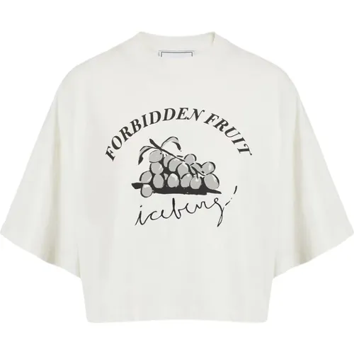 Kurzärmeliges weißes Cropped T-Shirt mit Forbidden Fruit Print,Kurzärmeliges weißes cropped T-Shirt mit Forbidden Fruit Print - Iceberg - Modalova