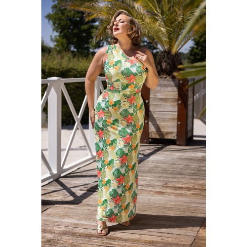 Robe longue à encolure asymétrique motif feuilles tropicales Olga en - vintage chic for topvintage - Modalova