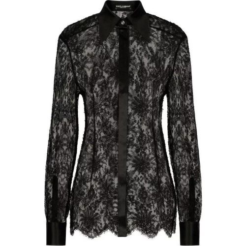 Black Slim Shirt With Satin Details In Chantilly L - Größe 40 - Dolce&Gabbana - Modalova
