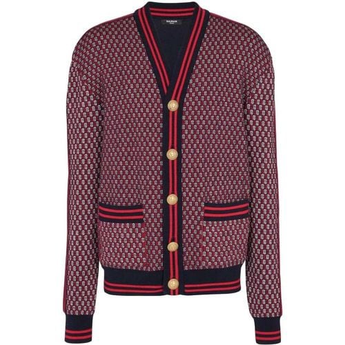 Monogram-Print Checked Wool Cardigan - Größe L - Balmain - Modalova