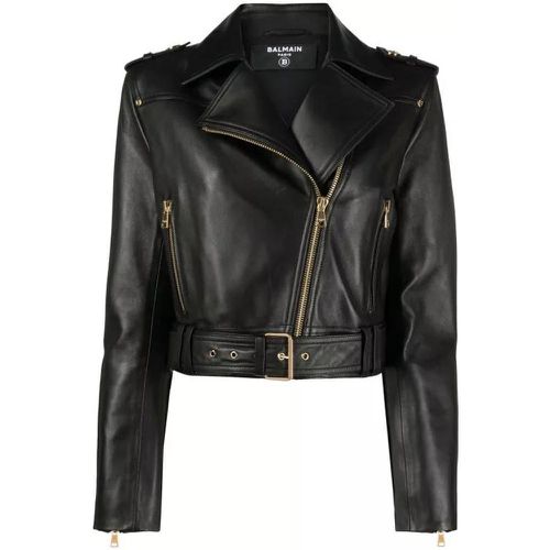 Leather Jacket With Gold Zip - Größe 38 - black - Balmain - Modalova