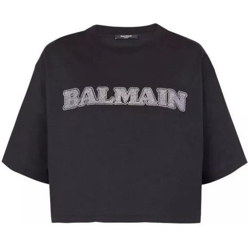Rhinestone-Logo Cropped Cotton T-Shirt - Größe XS - black - Balmain - Modalova