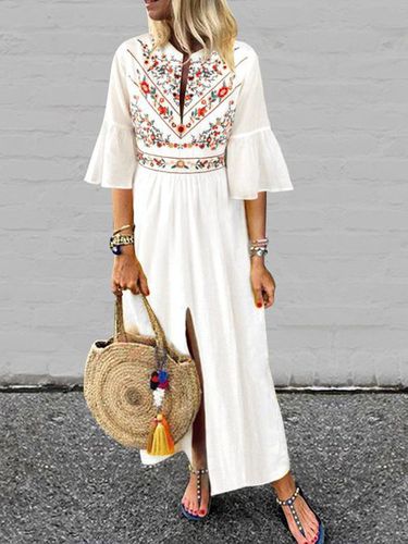 V neck White Women Daily Cotton Bell Sleeve Printed Fall Dress - Just Fashion Now - Modalova