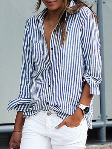 Shirt Collar Buttoned Long Sleeve Stripes Casual Shirt - Just Fashion Now - Modalova