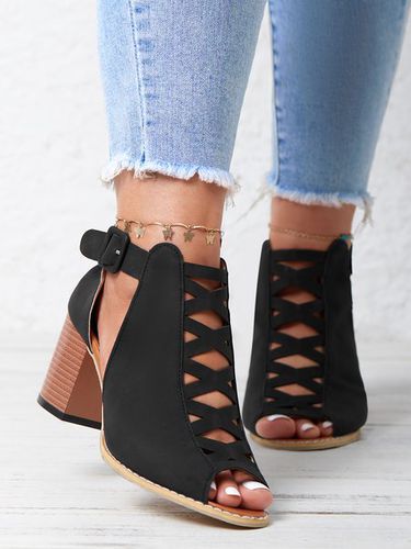 Urban Commuting Simple Hollow Cross Thin Straps Thick-heeled Sandals And Boots - Modetalente - Modalova