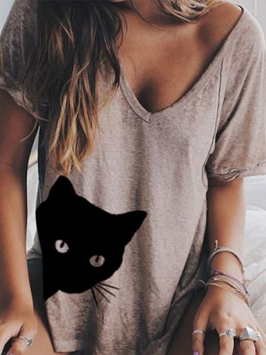Cat Print V Neck Short Sleeve T-shirt - Modetalente - Modalova