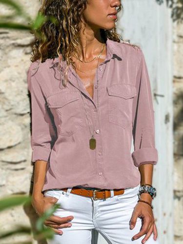 Women Fashion Turn Down Collar Solid V Neck Long Sleeve Blouse - Modetalente - Modalova