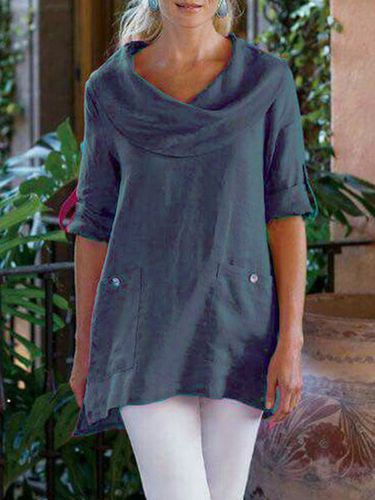 Pockets Long Sleeve Cowl Neck Cotton-Blend Shirt - Modetalente - Modalova