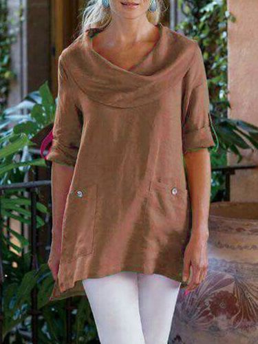 Pockets Long Sleeve Cowl Neck Cotton-Blend Shirt - Modetalente - Modalova