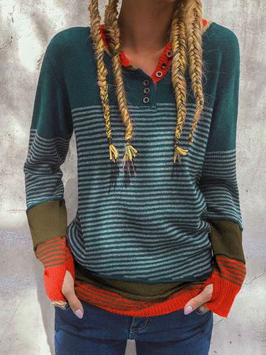 Striped Buttoned Color-block Knitted Top - Modetalente - Modalova