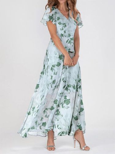 Women's Short Sleeve Summer Floral Chiffon V Neck Ruffled Sleeves Daily Going Out Elegant Maxi A-Line Dress Aqua - Just Fashion Now - Modalova
