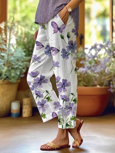 Women's Elastic Band H-Line Straight Pants Going Out Casual Pocket Stitching Floral Summer Pant Blue Purple - Just Fashion Now - Modalova