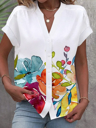 Loose Casual Notched Floral Blouse - Just Fashion Now - Modalova