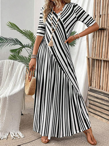 Women's Half Sleeve Summer Dress Black Striped Cross V Neck Going Out Casual Maxi A-Line Dress - Just Fashion Now - Modalova