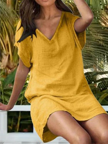 Casual V Neck Cotton Loose Dress - Modetalente - Modalova