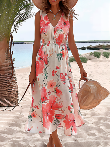 Women's Short Sleeve Summer Floral V neck Vacation Floral Midi Dress - Just Fashion Now - Modalova
