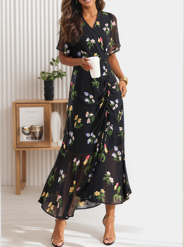 Women's Short Sleeve Summer Floral Dress Chiffon V Neck Elegant Flowy Maxi Dress - Just Fashion Now - Modalova