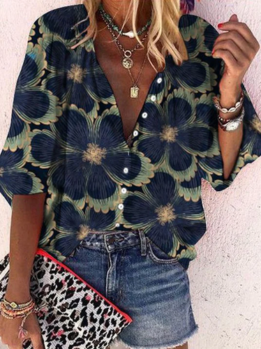 V Neck Floral Loose Casual Blouse With No - Just Fashion Now - Modalova