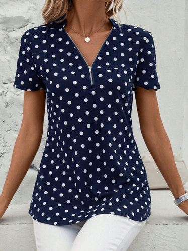 Women's Short Sleeve Shirt Summer Dark Blue Polka Dots Zipper V Neck Going Out Top - Just Fashion Now - Modalova