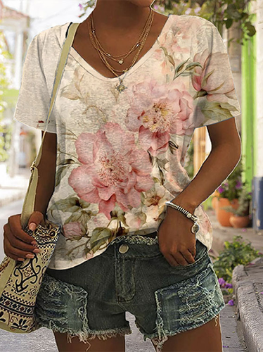 Floral V Neck Loose Casual T-Shirt - Just Fashion Now - Modalova