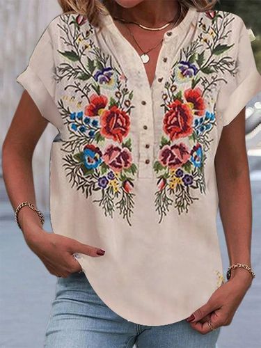 Women's Short Sleeve Blouse Summer Light Khaki Floral Embroidery Cotton Crew Neck Daily Casual Top - Just Fashion Now - Modalova