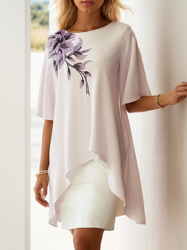 Women's Short Sleeve Summer Pink Floral Embroidery Crew Neck Daily Elegant Midi Dress - Just Fashion Now - Modalova