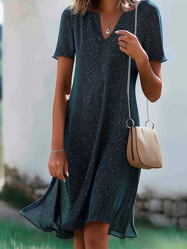 Women's Short Sleeve Summer Dark Blue Polka Dots V Neck Daily Casual Midi Dress - Just Fashion Now - Modalova