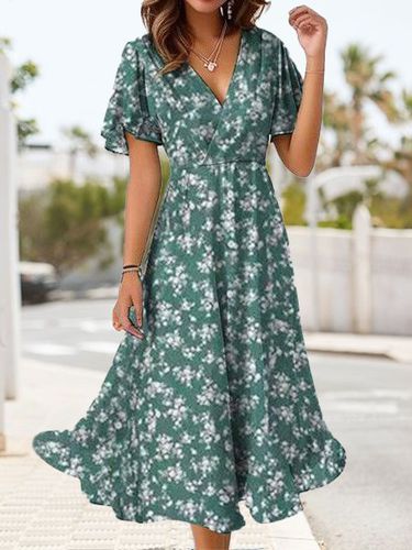 Women's Short Sleeve Summer Green Sundress Small Floral V Neck Daily Vacation Midi Dress - Just Fashion Now - Modalova