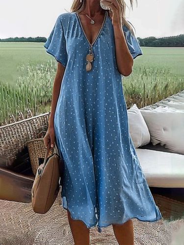 Women's Short Sleeve Floral Dress Summer Blue Dots V Neck Midi Sundress - Just Fashion Now - Modalova