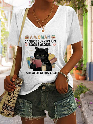 A Woman Cannot Survive On Books Alone She Also Needs A Cat Print Short Sleeve T-Shirt - Just Fashion Now - Modalova