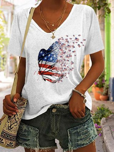 Women's independence Day Butterfly American Flag Print Casual T-Shirt - Just Fashion Now - Modalova