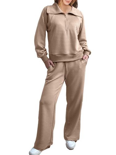 Women's Plain Daily Going Out Two-Piece Set Light Khaki Casual Spring/Fall Top With Pants Matching Set - Just Fashion Now - Modalova