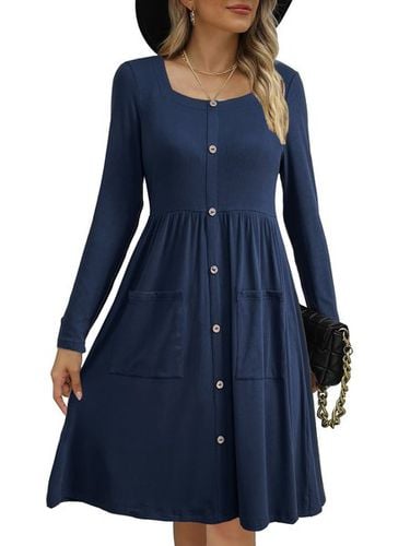 Women's Long Sleeve Summer Deep Blue Plain Square Neck Daily Going Out Casual Knee Length A-Line Dress - Just Fashion Now - Modalova