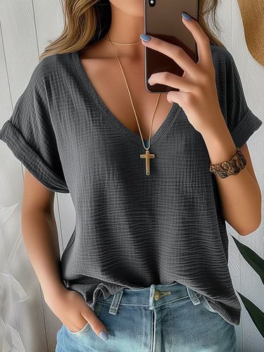 Casual Loose V Neck Plain Shirt - Just Fashion Now - Modalova