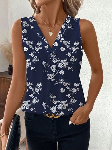 Women's Sleeveless Tank Top Summer Dark Blue Floral V Neck Daily Going Out Casual Top - Just Fashion Now - Modalova