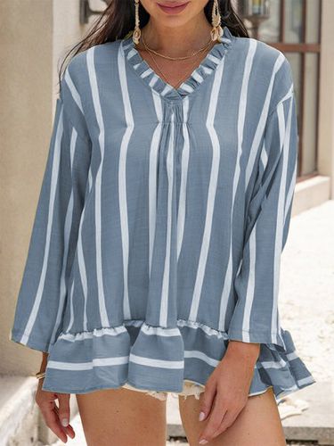 Women's Long Sleeve Shirt Spring/Fall Blue Striped V Neck Daily Going Out Casual Top - Just Fashion Now - Modalova