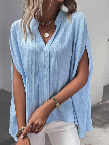 Women's Short Sleeve Shirt Summer Light Blue Plain V Neck Daily Going Out Casual Top - Just Fashion Now - Modalova